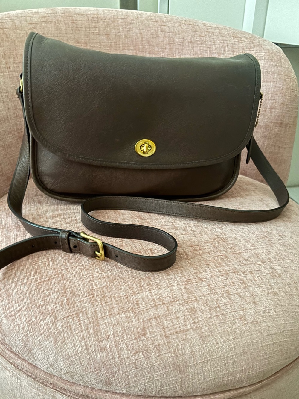 Coach Dark Brown Leather Crossbody with Gold Turn-Lock